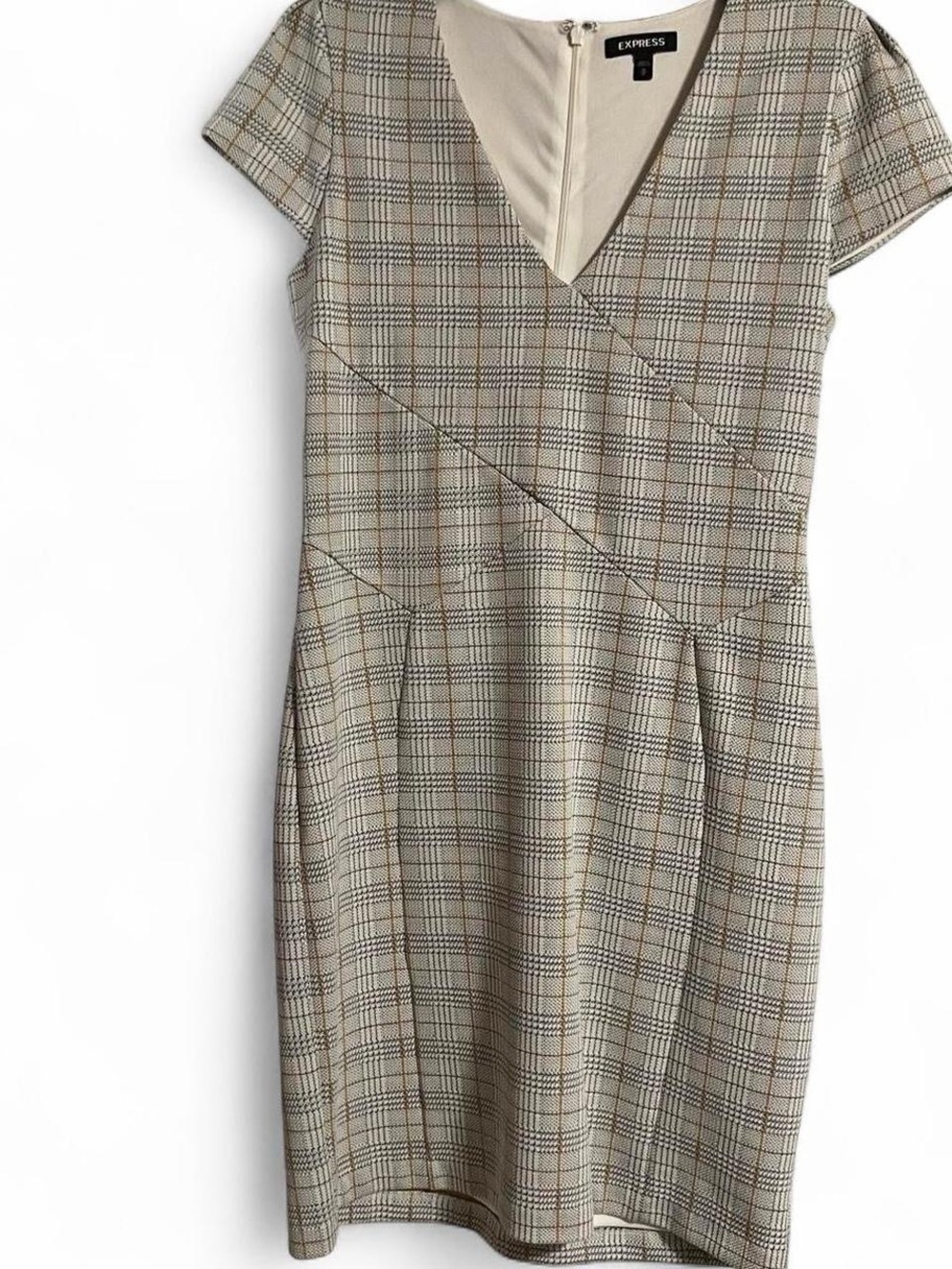 Express Plaid Cap-Sleeve Sheath Dress in Gray